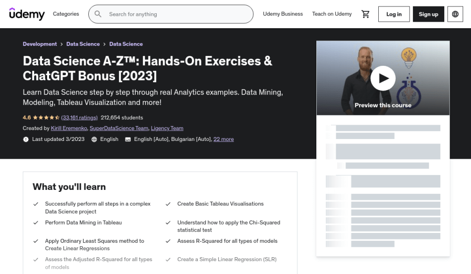 Course Preview Data Science A-Z™: Hands-On Exercises & ChatGPT Bonus [2023]