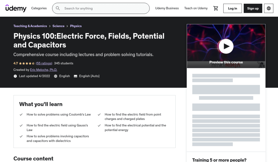 Course Preview Physics 100:Electric Force, Fields, Potential and Capacitors